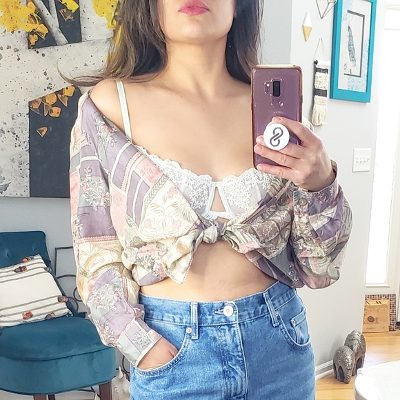 Vintage Tops - VTG Silk 90's Retro Patchwork Button-Down Shirt Pastels